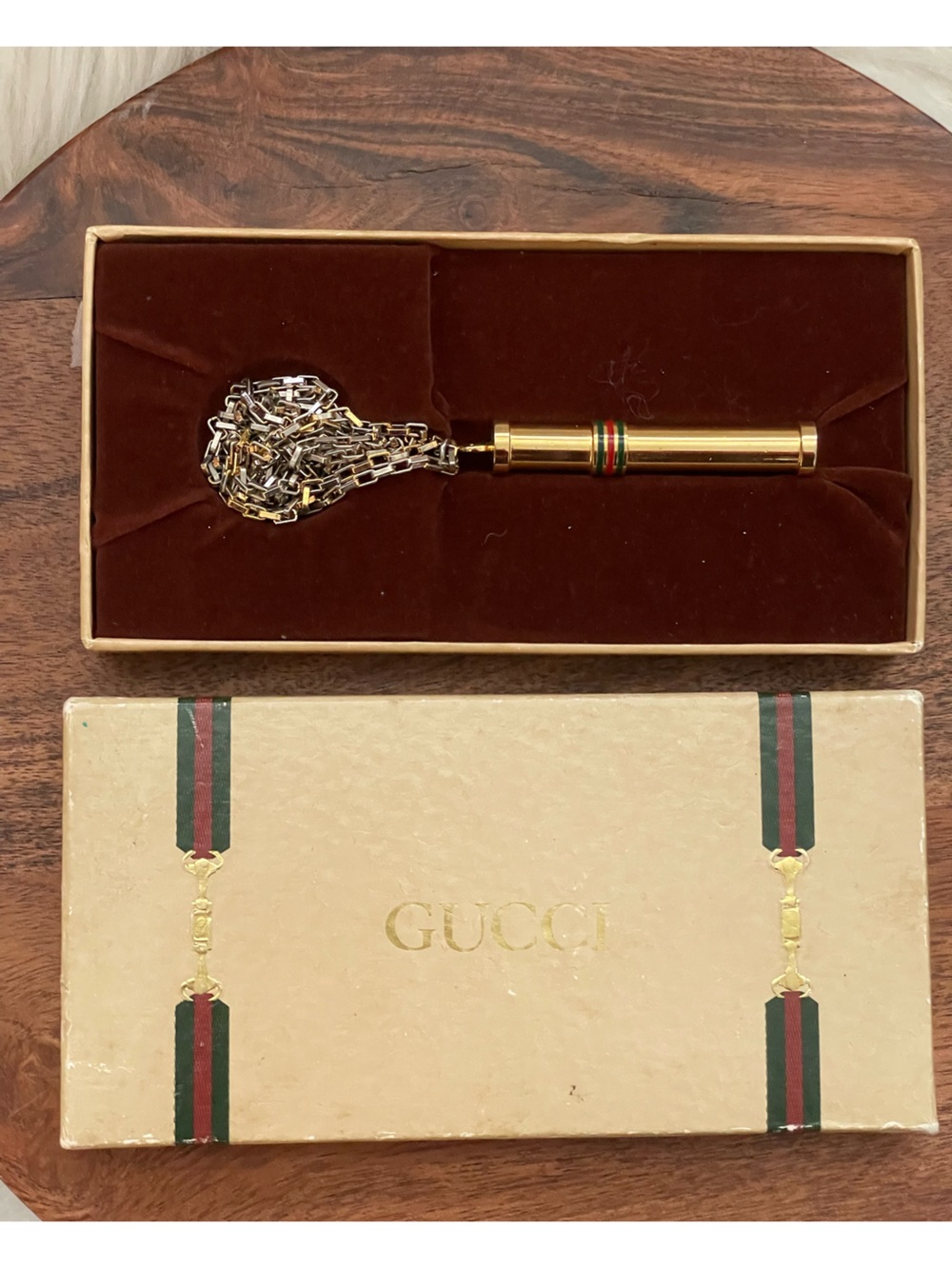 GUCCI Vintage Sherry Line Gold Tone Perfume Bottle Pendant Necklace w/Box - Picture 1 of 10